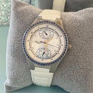 Kenneth Cole Blue Crystals White Croc Embossed Leather Band Silver Toned Watch